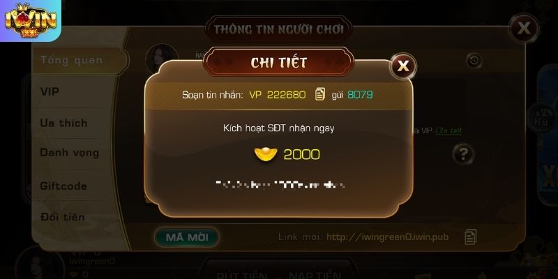 Giao diện nhận quà khuyến mãi IWIN dành cho người chơi mới